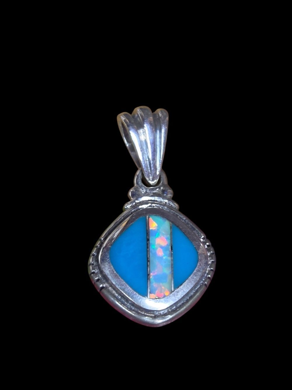 Sterling Silver Turquoise & Opal Inlay Teardrop Pendant - Attrib. AV Hallmark